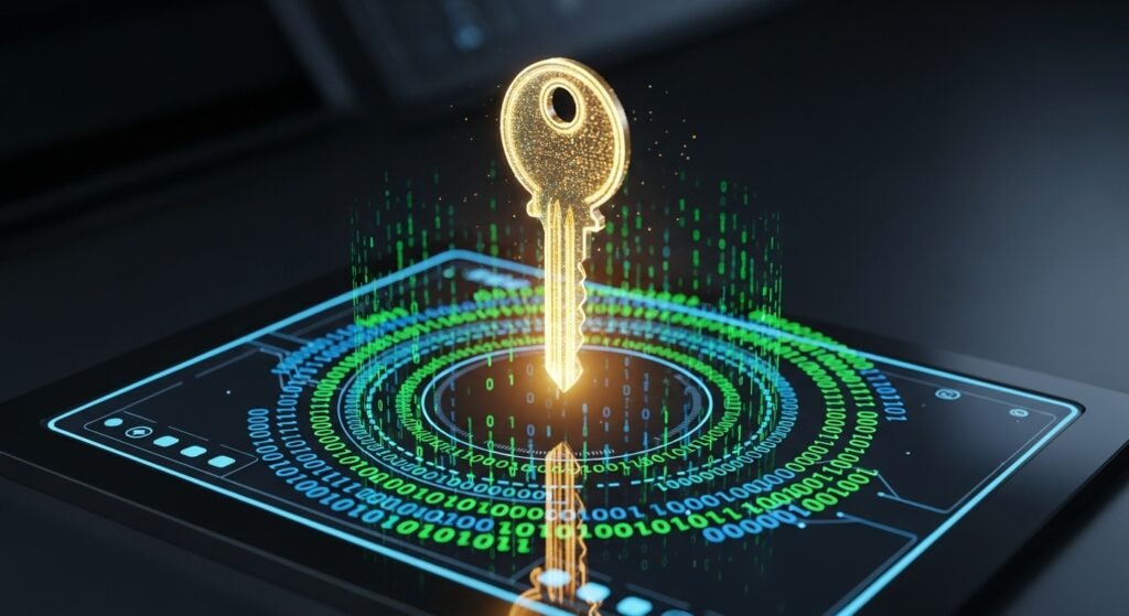 데이터 보안과 결과 무결성을 상징하는 디지털 자물쇠와 암호화 키